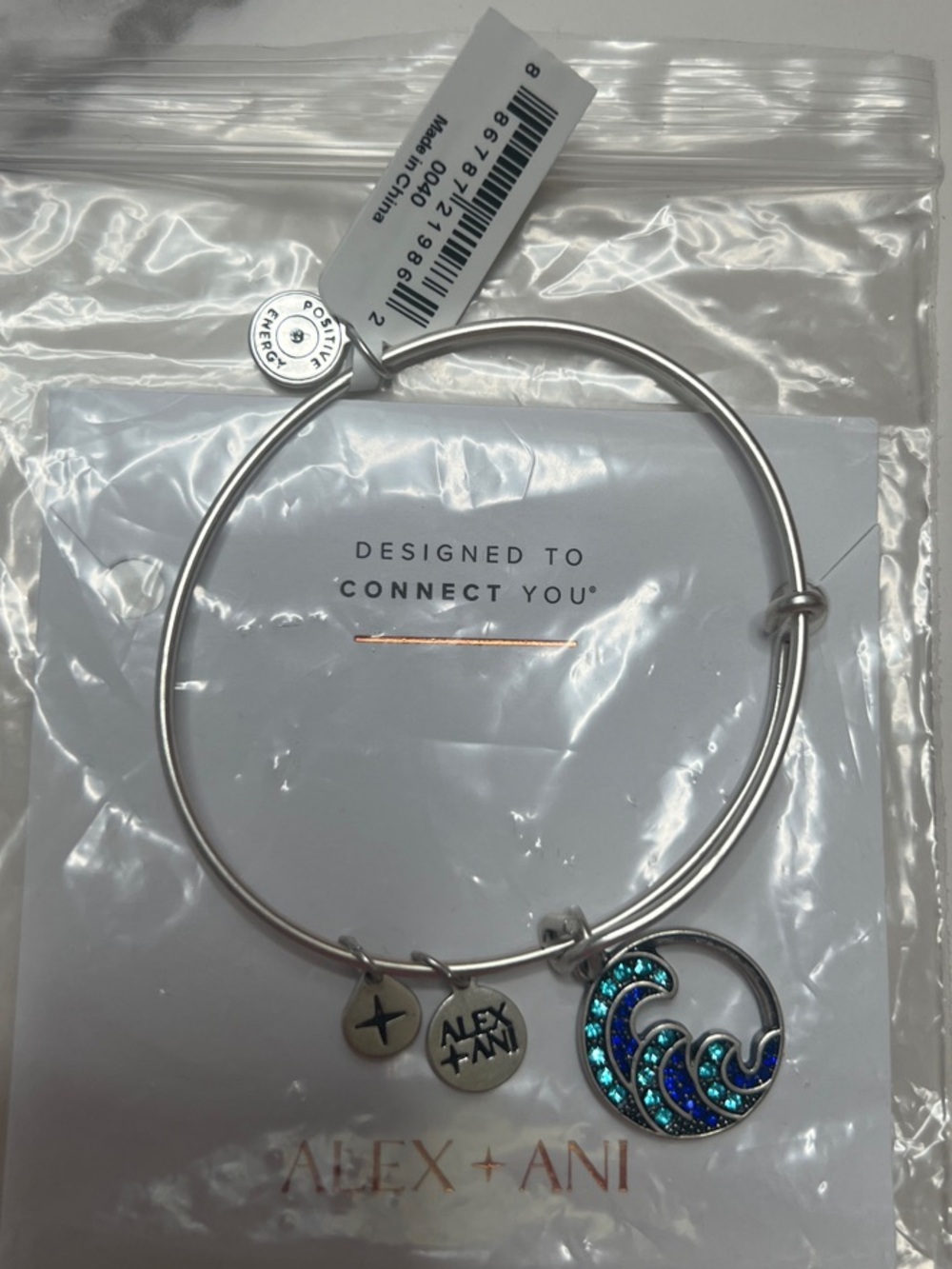 NEW Alex and Ani Ocean Wave Charm Bangle Silver Blue Crystal Bracelet